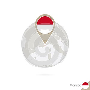 Monaco map and flag in circle. Map of Monaco, Monaco flag pin. M