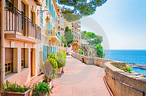 Monaco, Monte carlo. Monaco village with colorful architecture and street along the ocean.