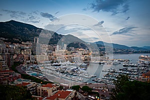 Monaco Monte Carlo, Port and marina at night, aerial view