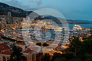 Monaco Monte Carlo, Port and marina at night, aerial view