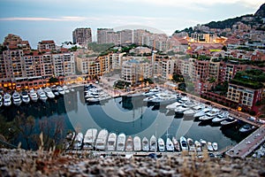 Monaco Monte Carlo, Port and marina at night, aerial view