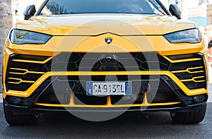 Monaco, Monte Carlo, 29 September 2022 - Close-up view of yellow sports car Lamborghini on street