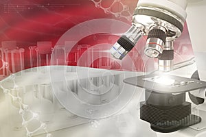 Monaco science development digital background - microscope on flag. Research of genetics design concept, 3D illustration of object