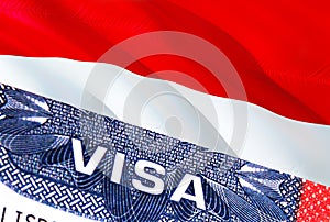 Monaco Visa Document, with Monaco flag in background. Monaco flag with Close up text VISA on USA visa stamp in passport,3D