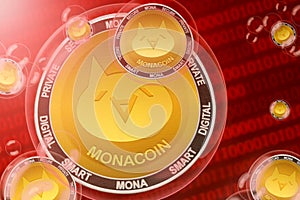 MonaCoin crash, bubble. MonaCoin MONA cryptocurrency coins in a bubbles on the binary code background