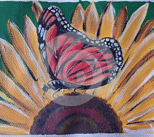 Monarca butterfly sunflower art painting