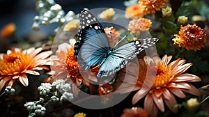 Monarch blue butterfly on a background of orange foliage