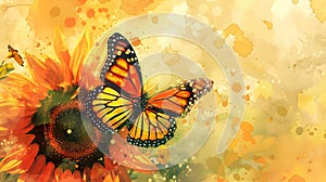 Monarch Butterfly Alighting on Vibrant Sunflower in Dreamlike Watercolor Painting photo