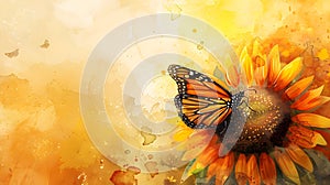 Monarch Butterfly Alighting on a Vibrant Sunflower in a Rustic Watercolor Landscape photo