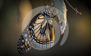 A monarch butterfly emerging from chrysalis in morning generative AI