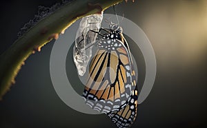 A monarch butterfly emerging from chrysalis in morning generative AI