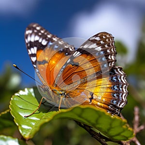 Monarch Butterfly on Green Leaf with Blue Sky