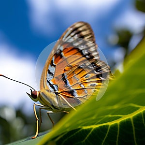 Monarch Butterfly on Green Leaf with Blue Sky