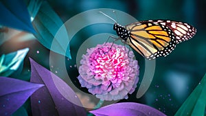 Monarch butterfly on pink flowers in a fairy garden. Summer spring background.