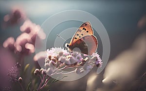 A monarch butterfly on purple flowers in soft daylight with blurred ocean background, close-up macro, generative AI