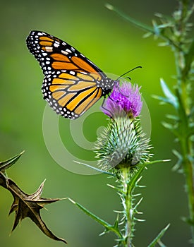 Monarch Butterfly On Purple Thistle Green Background