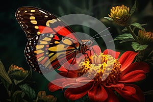 Monarch butterfly red flower. Generate Ai