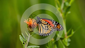 Monarch butterfly rests on milkweed flower against green vegetation