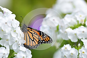 Monarch butterfly on white phlox flowers