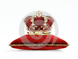 Monarch crown on red velvet cushion