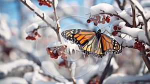 Monarch Elegance: Snow-Kissed Butterfly on a Winter Migration Stopover