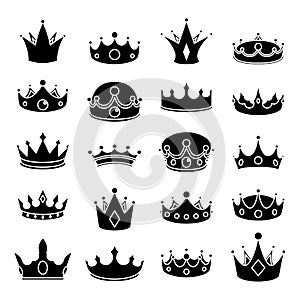 Monarch medieval royal crown queen king lord princess prince head cartoon silhouette icons set isolated vector