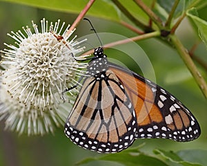 Monarch nectaring on a Buttonbush flower