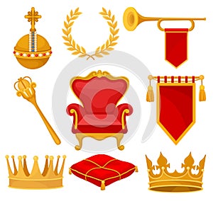 Monarchy attributes set, golden orb, laurel wreath, trumpet, throne, scepter, ceremonial pillow, crown, flag, heraldic