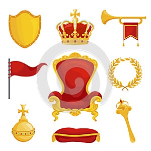 Monarchy symbol set, royalty and authority wealth