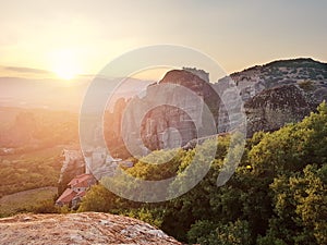 Monasteries on the rocks and beautiful sunset, Meteora, Greece