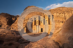 The Monastery or Ad Deir in Petra ruin and ancient city of Nabatean kingdom at sunset, Jordan, Arab