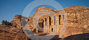 The Monastery or Ad Deir in Petra ruin and ancient city of Nabatean kingdom UNESCO world heritage, Jordan, Arab. Panoramic banner