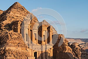 The Monastery Ad Deir in Petra ruin and ancient city at sunset, Jordan, Arab