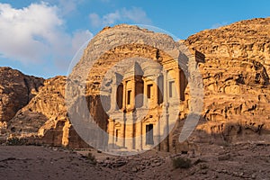 The Monastery or Ad Deir in Petra ruin and ancient city UNESCO world heritage site at sunset, Jordan, Arab