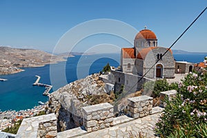 Monastery of Agios Savvas located on top of a hill above Pothia Town, the capital of Kalymnos, Dodecanese, Greece