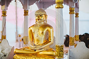 A monastery altar with deities of Padmasambhava, Buddha and Mait