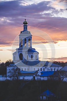 Monastery in Bogolubovo at sunset, Vladimir region, Russia. Spring landscape