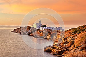 The monastery of Chrissopigi of Sifnos at sunrise, Greece