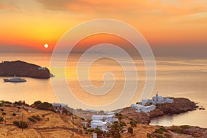 The monastery of Chrissopigi of Sifnos at sunrise, Greece