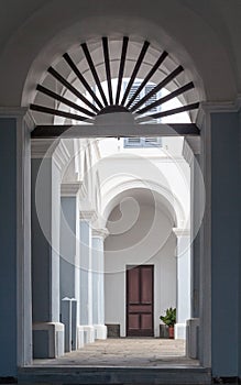 Monastery Courtyard and Arches on the Island of Santorini Greece