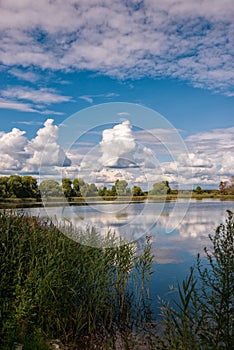 Monastery lake in sunny weather.