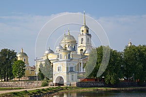 The monastery of Nilo-Stolobensky deserts in the Tver region, Russia.The view from the lake Seliger on the Church of the exaltati