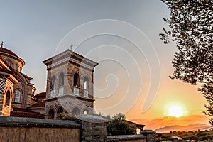 Monastery Panagia Evrou Orthodox Monastery, Makri Evros Greece, catholic church in Byzantine style, sunset colors