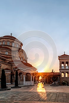 Monastery Panagia Evrou Orthodox Monastery, Makri Evros Greece, catholic church in Byzantine style, sunset colors