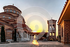 Monastery Panagia Evrou Orthodox Monastery, Makri Evros Greece, catholic church in Byzantine style, sunset colors