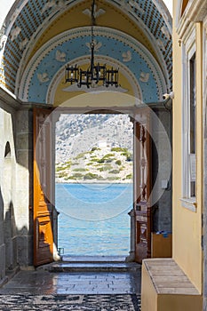 Monastery at Panormitis. Island of Symi Dodecanese. Detail of the Entrance. Islands Aegean Sea. Greece Europe