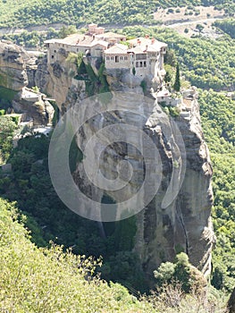 Monastery perched high up on the rocks in Meteora, Greece seen from above