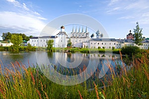 Monastery pond in the Tikhvin Assumption Monastery on a sunny September morning. Tikhvin, Russia