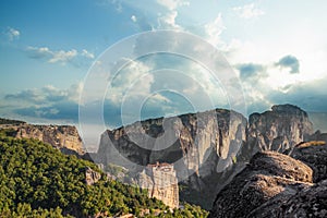 Monastery, rocks and summer sky clouds in Meteora valley, Greece