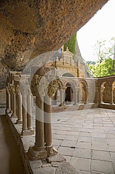 The Monastery of San Juan de la Pena, Jaca, in Jaca, Huesca, Spain, carved from stone under a great cliff. It was originally buil